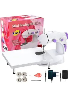 Mini Sewing Machine, 4-in-1 Portable Electric Sewing Machine with Extension Table, Bobbins, Power Adapter, White and Purple
