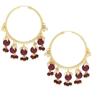 Peora Gold Plated Fancy Circular Maroon Dangling Pearls Hoop Earrings For Women Girls