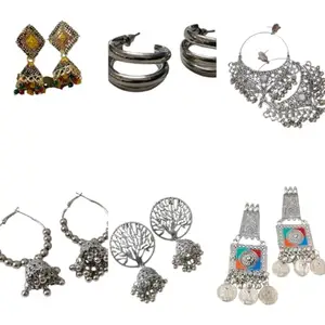 Oxidised Silver Earrings Combo Set, 6 Pairs, Traditional Jhumkas Chandbali Hoops Collection, Ethnic Fashion Jewellery for Women