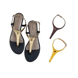 Cameleo -changes with You! Cameleo -changes with You! Women's Plural T-Strap Slingback Flat Sandals | 3-in-1 Interchangeable Leather Strap Set | Gold-Brown-Yellow