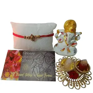 Kanhaiya Krishna Pendant Mauli Rakhi with Golden Beads – Divine Rakhi Combo by Sarnaya Essence | Ganpati Idol, Tilak Platter, Card & Gift Box