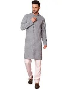 Jompers Men's Grey Embroidered and Sequence Kurta with Pyjama (Grey, M)