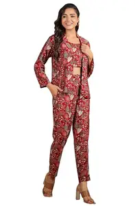 Janasya Women's Maroon Chanderi Silk Floral Printed Top with Pant & Jacket Set (JAC24ST01193-M)
