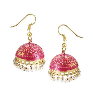 9blings Pink Meenakari Collection Handpainted Pearl Jhumka Earrings Women and Girls Fashion