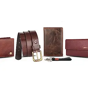 WildHorn Leather Executive Gift Set | Combo of Men's Wallet, Ladies Wallet,Passport Holder, Men's Belt & Keyring |5 in 1 Mega Combo| Best Gifting Options