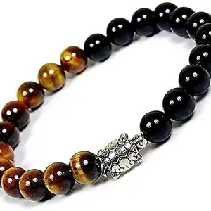 Aanya Gems Certified Tiger Eye & Black Tourmaline With Tortoise Charms Silver Metal Combination Money Attraction Bracelet For Business with Lab Certificate
