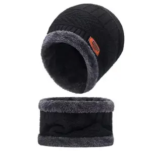 VKG Ultra Soft Women Warm Winter Woolen Beanie Cap with Neck Muffler Scarf Set (Black)