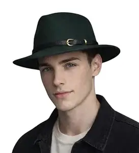 Krystle Men’s Brown Fedora Hat with Black Belt Buckle Band – Classic Wide Brim Felt Hat for Men, Stylish Western & Casual Wear (Multicolor,Free Size)