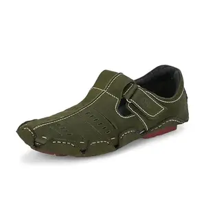 HITZ Men's Green Leather Daily Wear Slip-On Casual Sandals -11