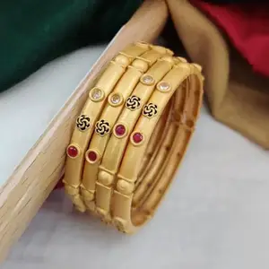 Gold Brass Feminine Graceful Bracelet/Bangles for Women | Non-Adjustable | Artificial Stones | Size 2.8 | 4 Pcs | 2.8_B&Bangles_277_johq0