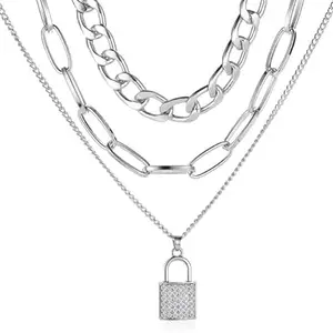 Vembley Fashion Fancy Stylish thick chain lock necklace in Europe and America, punk style micro-inlaid 3-layer lock pendant multi-layer necklace (Silver)