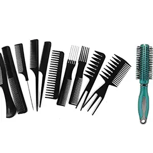 Khelni Set of 10 Pcs Salon Hair Styling Hairdressing hairdresser Barber Combs Professional Comb Kit & Fashionable Salon Curly Hair Brush Plastic Durable Nylon Bristles Brush for Women