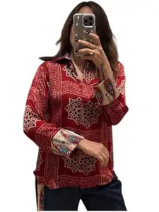 Zans & mens Women's Printed Shirt, Long Sleeve, Embroidered Cuffs, Collared Neck, Casual Ethnic Wear (in, Alpha, XL, Regular, Red-Ajrakh)