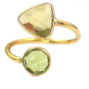 KHN Fashion Excellant Cut Citrine Peridot Quartz Trillion Round Shape Gold Plated Adjustable Rings For Her