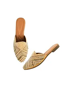TRYME Comfortable Gold Ethnic Mules & Sandals Jutti Traditional Flat Mojari, Embroidered for Womens and Girls