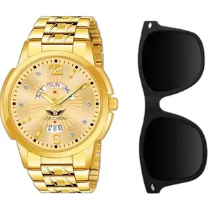 Combo Set of Original Gold Plated Day & Date with Sunglass & Analog Watch - for Men LCS-9135