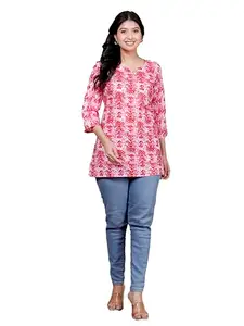 Aashub Stylish Pure Cotton Short Kurti for Women – Traditional and Modern Fusion Wear for Casual Outings, Festive Looks, and Summer Comfort – Easy to Pair (in, Alpha, 3XL, Regular, PNK-White-2)