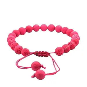 RRJEWELZ Natural Pink Lava Round Shape 8mm Smooth Beads Red Color Threaded Adjustable Bracelet For Men & Women. |TDBR_1430