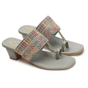 DIPYO Casual Trendy Embroidered Block Heel Sandals For Women & Girls | (Grey, 36)