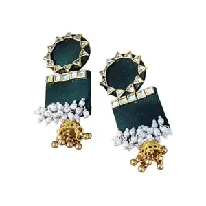 Aarikari Bottle Green Kundan Fabric, Beads, and Jhumki Earrings - Elevate Your Desi Look