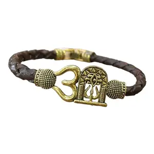 Shree Shyam Gems And Jewellery Brass Leather Om Rudraksha Hand Bracelet for Men Women Brown Rudraksha Wrist Band