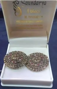 Saundarya Palace Antique Gold Plated Round Stud Earrings with Pink Stones, Traditional Design