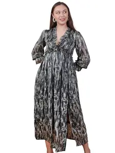 Miga by shaberry Miga's Women 100% Poly Satin Stripe, V-Neck, Printed and Puff Sleeve, Black, Fit & Flare Maxi Dress