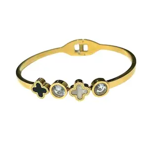 Kerety Gold Floral Kada Bracelet for Women | Black & White Enamel Design with Sparkling Stones | Stylish Jewelry