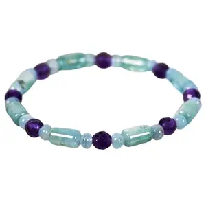 RRJEWELZ 6-12mm Natural Gemstone Aquamarine & Amethyst Rondelle, Round & Tube shape Faceted & Smooth cut beads 7.5 inch stretchable bracelet for men & women. | STBR_RR_02895