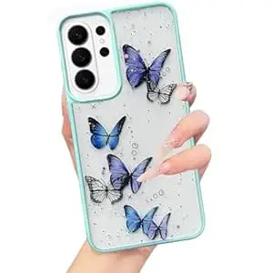VONZEE for Samsung Galaxy S26 Ultra Clear Glitter Butterfly Case, Cute Bling Sparkle Shiny Soft Silicone TPU Bumper Shockproof Women Girls Slim Protective Phone Cover, Mint