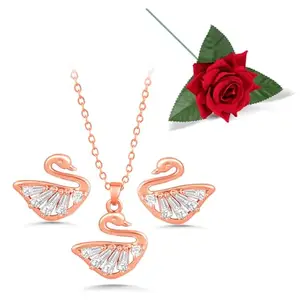 Peora Rose Gold Plated Swan Shaped Baguette Stone Studded Pendant Chain & Stud Earrings Set Valentine's Day Gift for Women & Girls with Red Rose
