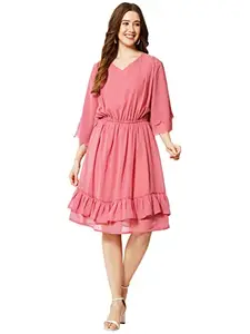 My Swag Women's A line Western Knee-Length Regular Flared Sleeve Dress (Medium, Pink)