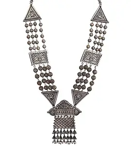 Total Fashion Traditional Oxidized German Silver Triple Layer Boho Style Long Necklace Set for Women (Silver)