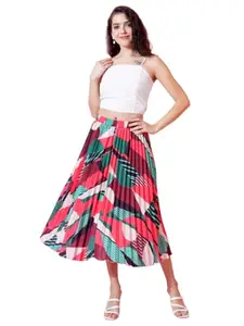 OTABU | Stylish Elegance | Printed Midi Skirt | Featuring Elegant Pleats | A-Line Hemline for a Classic Look (in, Alpha, 3XL, Regular, Red-Green)