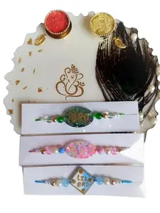Designer Resin Rakhi Set, Multicolour Beaded Rakhi with Pearl Accents, Set of 3