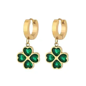 KRYSTALZ Elegant Leaf Designed Green Clover Stainless Steel Gold Plated Drop Earring for women