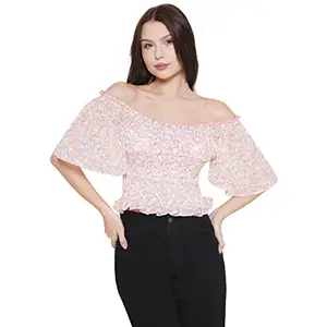 Vestido Modas Women Pink Floral Off Shoulder Top | Comfort Fit | Off Shoulder Top | Smocking Detail at Waist | Straight | Crop Length | Flare Sleeve (VDTOP508_XXL)