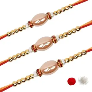 I Jewels Mens Designer Pearl Rakhi With Roli Chawal & Rakshabandhan Card For Bro/Brother/Bhai (R222-3) (Set Of 3)