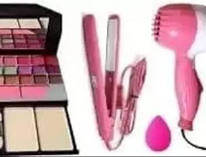 Women's & Girl's TYA 6155 Multicolor Makeup Kit with 1 Mini Hair Straightener, 1 Hair Dryer and 1 Pink Beauty Blender - (Pack of 4)