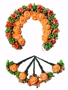 Reusable Artificial flower Gajra Orange and green colour gajra with 5 flower pins