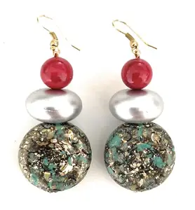 Nonas Jewellery Nonas green gold red resin metal disc drop earrings