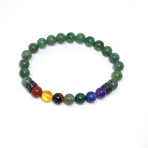 LKBEADS Natural 7 Chakra Stone & Green Onyx 8mm Round Shape Smooth Cut Beads 65 inch Stretchable Bracelet for Men & Women|STBR_RR_00071_65