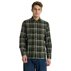 Snitch Dark Green Checks Linen Shirts