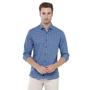 Linen Club Men's Pure Linen Blue Checks Regular Fit Full Sleeve Casual Shirt