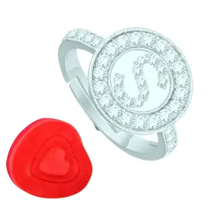 MEENAZ Finger Rings for couples women Men girls girlfriend Wife lovers gf Valentine ring American diamond Adjustable Love gift Initial Letter S Name Alphabet Stylish Silver Ring Red Heart Box Set-39