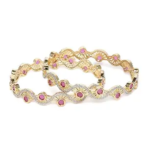 ACCESSHER Set Of 2 Gold-Plated Pink & White AD-Studded Handcrafted Bangles For Women & Girls