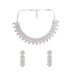 AQUASTREET Dazzling Pink American Diamond Jewellery Set for Women | AD Necklace Set Rhodium Plated for Women & Girls | Best Gifts for Women