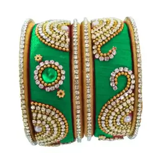 HARSHAS INDIA CRAFT Silk Thread Bangles Set Womne's and Girls New Color (Lux Green-Gold) (Set of 6) (Size-2/2)