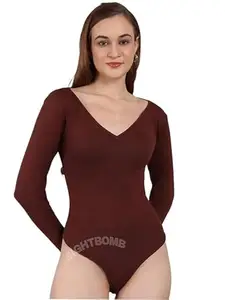 SIGHTBOMB V Neck Bodysuit Women Cotton Lycra Full Body Shapwear One PieceThong Swimsuit for Women Double Lined Body Suits Tops (Standard, BROWN, SMALL)
