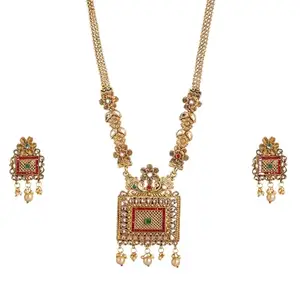 Mansiyaorange Womens Matte Gold Plated Multi Color Kempu Kundan Gemstone-Studded Necklace Jewelry Set(Multicolor)
